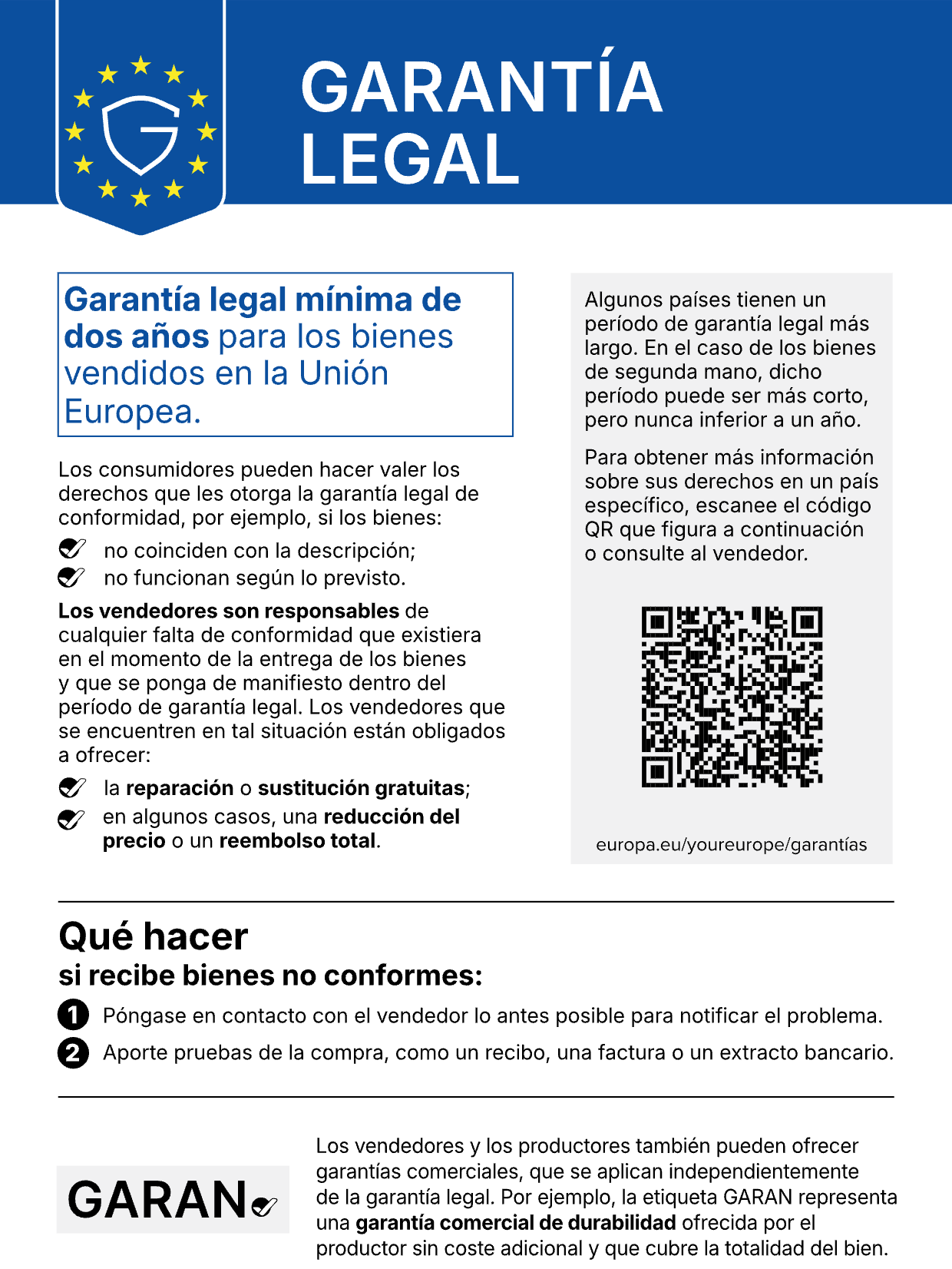 Aviso de la UE sobre la garantía legal de conformidad
